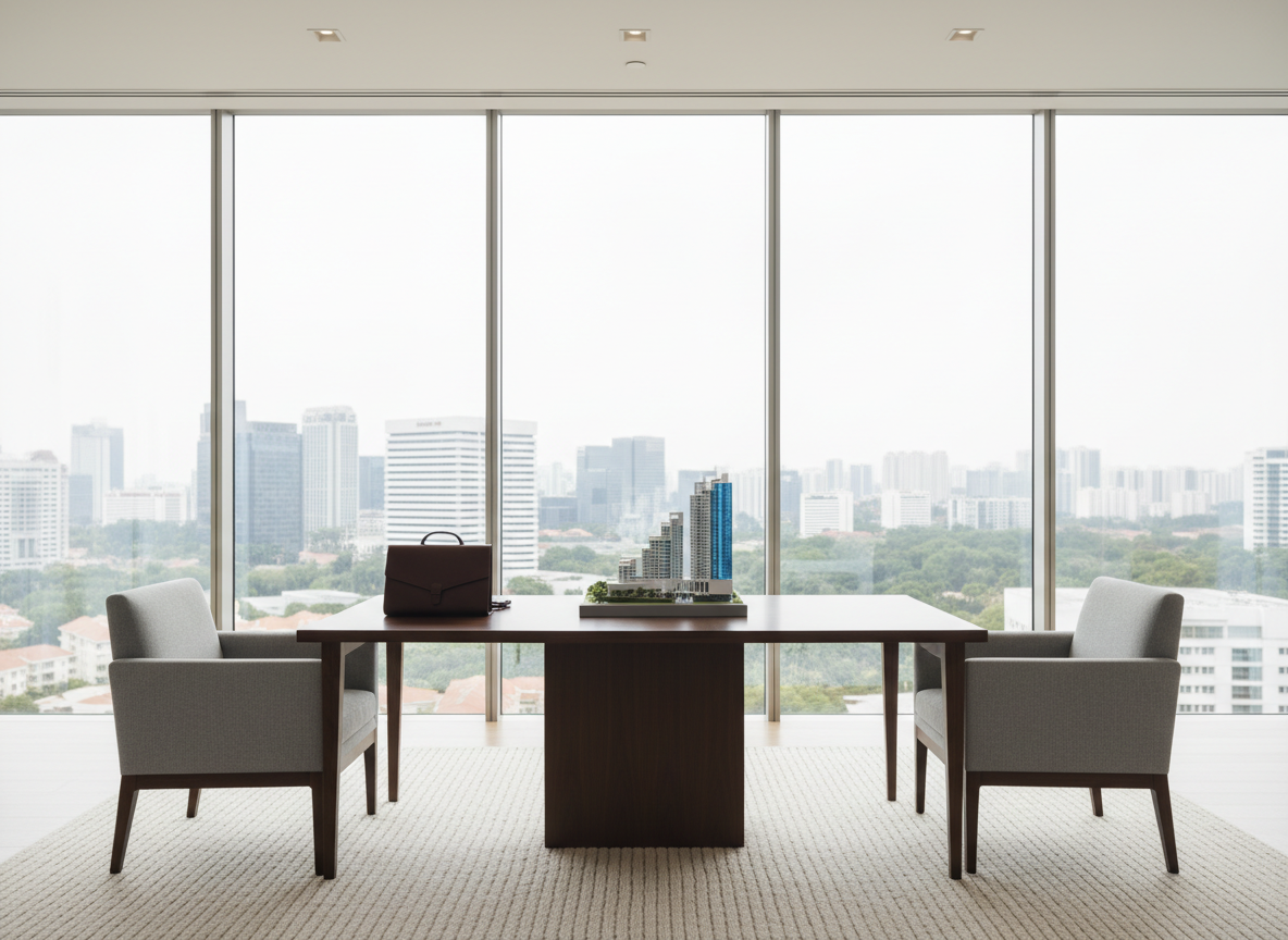 A minimalist, glass-walled real estate consultation lounge representing Evonne Yeo’s brand, set in a high-end Orchard office tower. A sleek, dark-wood meeting table sits atop a textured cream rug, flanked by two low, contemporary armchairs in dove grey. On the table, a closed leather portfolio and a small architectural model of a condo tower subtly reference property advisory without any text or logos. Floor-to-ceiling windows reveal a blurred Orchard skyline. Soft, even daylight and discrete recessed ceiling lights create a polished, professional glow. Photographic realism with a centered, symmetrical composition, evoking trust, expertise, and discreet, high-value client service with no people in view.