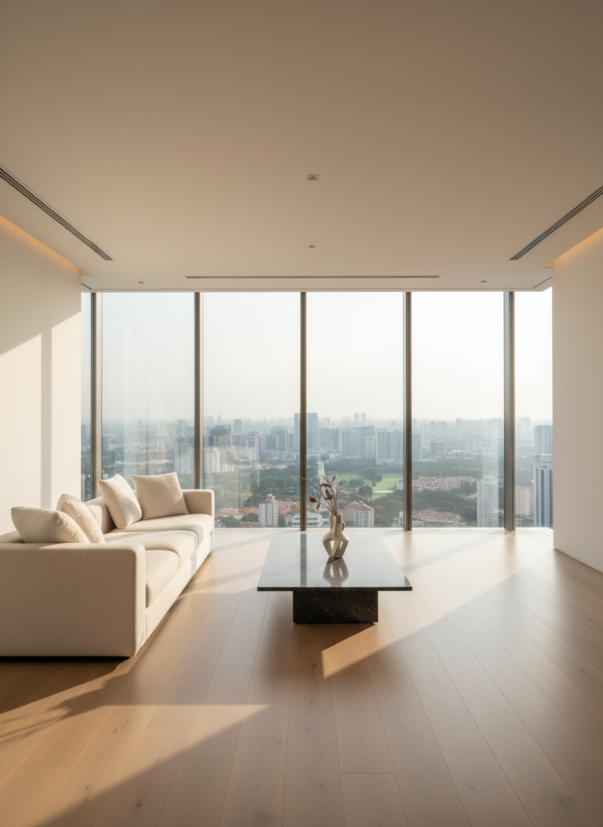An elegant, high-floor condominium living room in Orchard Road, featuring full-height glass windows revealing a softly blurred city skyline beyond. A low-profile, cream wool sofa faces a sleek, charcoal stone coffee table with a single architectural vase. Pale oak floors meet seamless white walls with subtle recessed lighting. Afternoon natural light pours in, creating gentle highlights on the glass and soft shadows under the furniture. Photographic realism at eye level, with a wide-angle composition that captures the expansive, uncluttered space. The mood is sophisticated, calm, and aspirational, reflecting premium Singapore real estate without showing any people, perfect as a hero image for a luxury agent’s personal site.