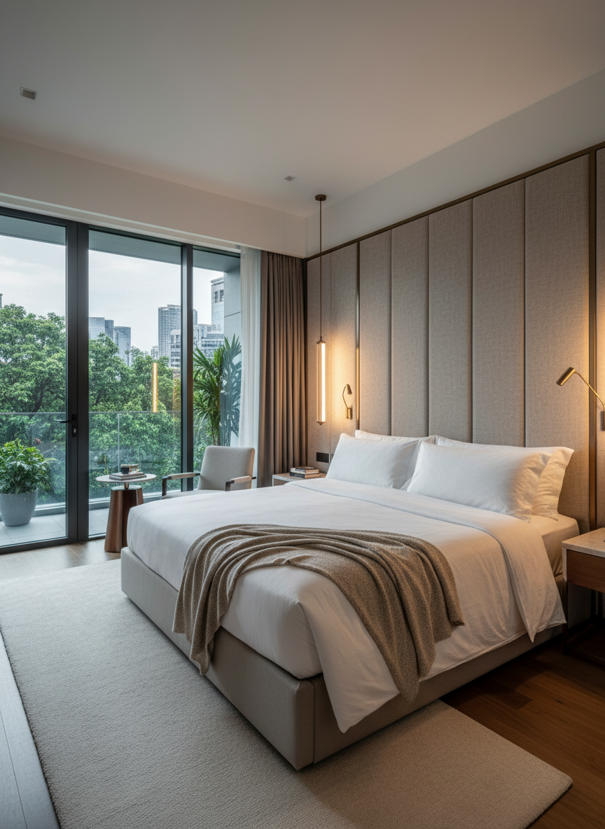 An ultra-luxurious District 9 master bedroom suite showcasing high-end Singapore real estate, with a king-sized bed dressed in crisp white linens and a taupe cashmere throw. A full-height headboard in textured fabric runs wall to wall, flanked by slender bronzed metal sconces casting warm, ambient light. One side of the room opens onto a narrow balcony with glass railings and a glimpse of city greenery below. Evening light mixes with the soft interior glow, creating a calm, cocoon-like atmosphere. Photographic realism from a slightly diagonal angle, with sharp focus throughout. The scene feels serene, private, and refined, suggesting the type of premium properties handled by an experienced, sophisticated agent.