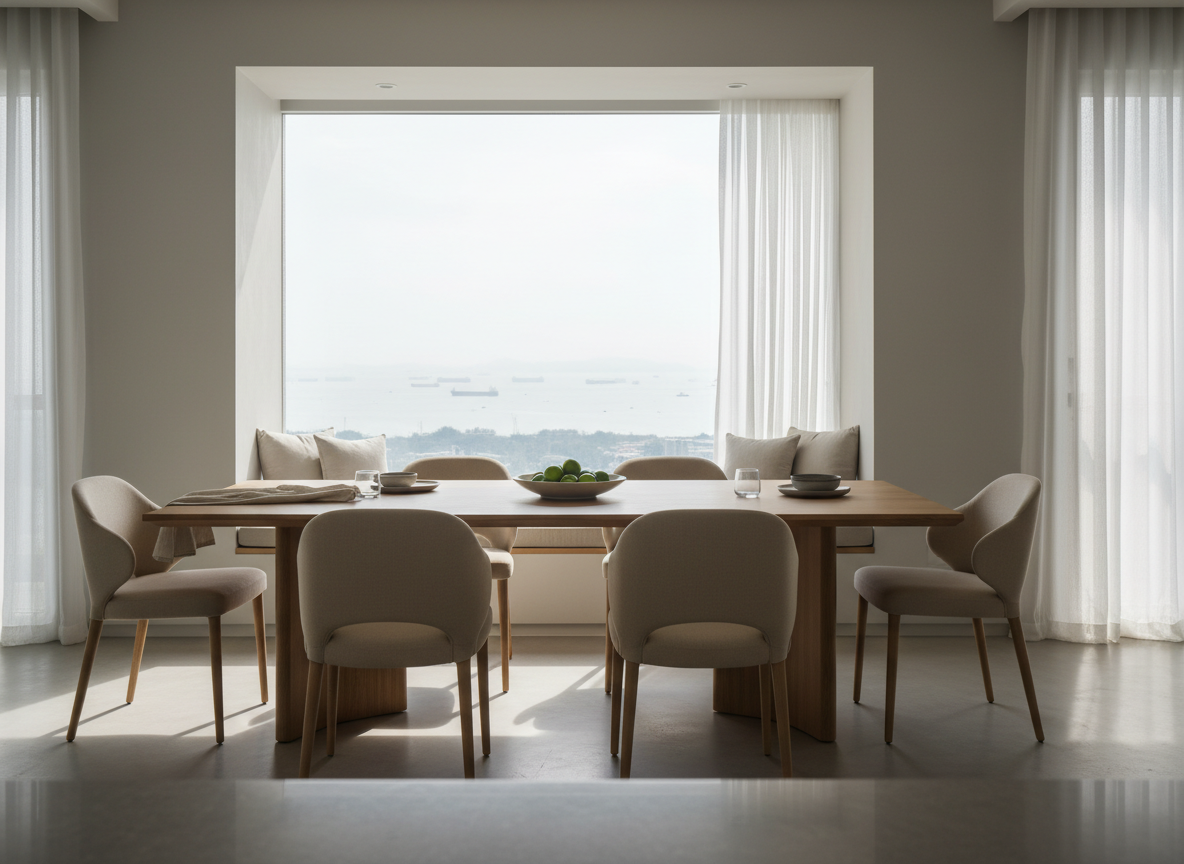 A meticulously styled East Coast family dining space in a modern apartment, featuring a long, pale wood dining table with sculptural legs, surrounded by upholstered sand-colored chairs. A built-in bay window reveals a soft-focus view of the coastline and distant ships. Morning light filters through sheer white drapes, creating a diffused, airy brightness and delicate shadows along the walls. The table holds a simple ceramic bowl of green limes and a folded linen runner, suggesting everyday livability. Photographic realism at eye level, with a slightly shallow depth of field to keep focus on the table and window. The mood is warm, welcoming, and sophisticated, showcasing lifestyle-oriented real estate in Singapore’s East Coast.