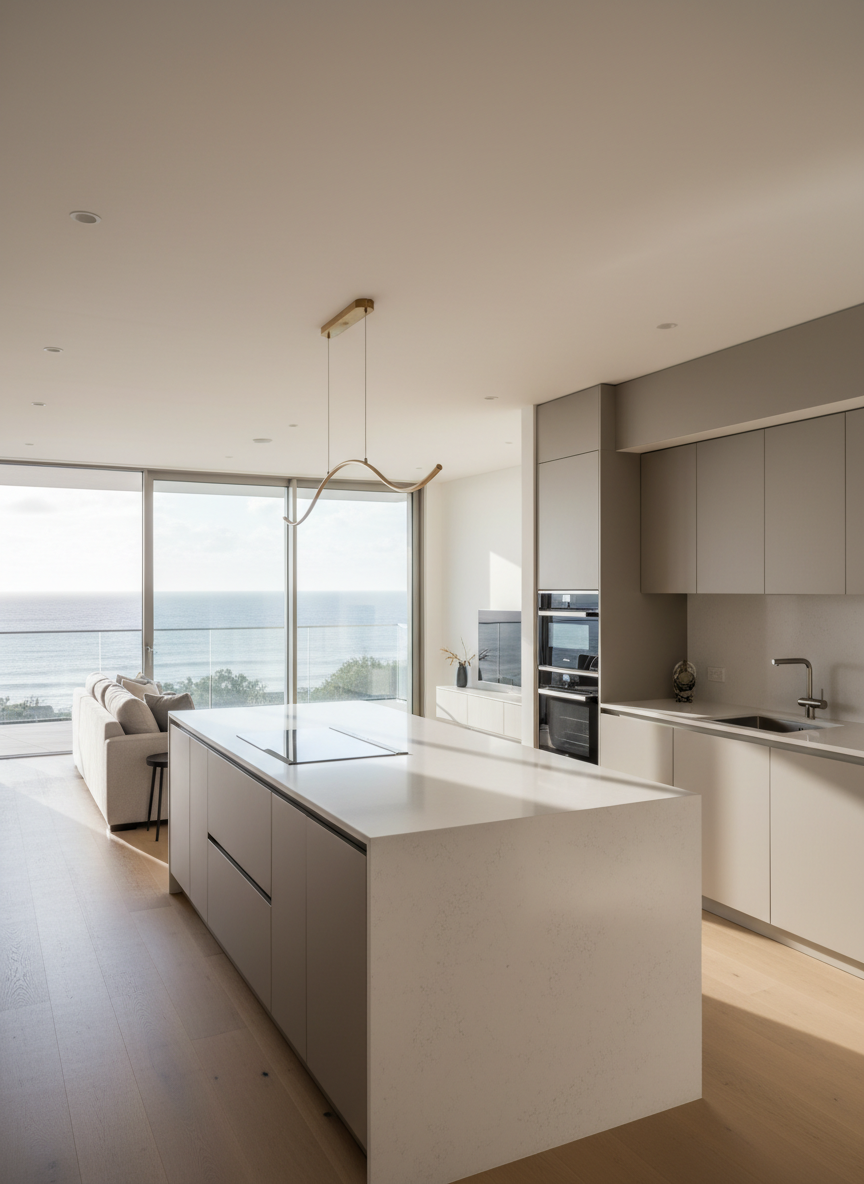 A bright, polished open-plan kitchen and living area in an East Coast seafront apartment, centered around a long white quartz island with waterfall edges and integrated induction hob. Matte-finish, handleless cabinetry in warm grey lines one wall, while the opposite side opens onto a balcony with a hazy view of the sea. Late morning sunlight streams in from the balcony doors, creating crisp reflections on the quartz and subtle bokeh in the background. A single sculptural pendant in brushed brass hangs over the island. Photographic realism, shot from a slightly elevated, wide-angle perspective to emphasize spaciousness and modern functionality. The mood is fresh, contemporary, and aspirational, ideal for showcasing lifestyle-focused coastal properties.