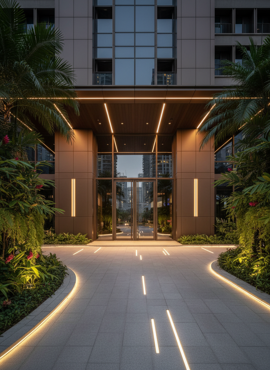 A twilight exterior view of a premium Orchard Road condominium entrance, framed by tall glass doors, bronze-toned cladding, and lush tropical landscaping. A sleek stone driveway curves toward a subtly lit drop-off area, with recessed floor lights washing soft light over polished paving. Warm, indirect lighting highlights architectural details, while the city beyond fades into a gentle bokeh of colored lights. Photographic realism from a low-angle perspective near the driveway, emphasizing scale and prestige. The atmosphere is discrete, luxurious, and inviting, communicating the exclusivity of properties represented without any visible people or text, ideal for a seasoned real estate professional’s portfolio page.