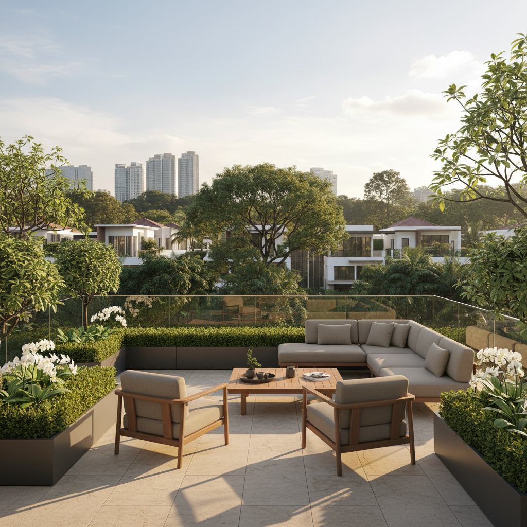 A sunlit Tanglin District 10 penthouse terrace framed by manicured planters and a glass balustrade, overlooking a lush, tree-lined residential enclave. A contemporary outdoor lounge set in muted taupe fabric surrounds a low teak table with a minimalist tray. Late afternoon golden light skims across the stone tiles, casting long, elegant shadows and a subtle glow on the foliage. Photographic realism from a slightly elevated angle, using the rule of thirds to place the skyline and greenery. The atmosphere is tranquil yet refined, evoking exclusive freehold residences and discerning real estate representation, with no humans present anywhere in the scene.