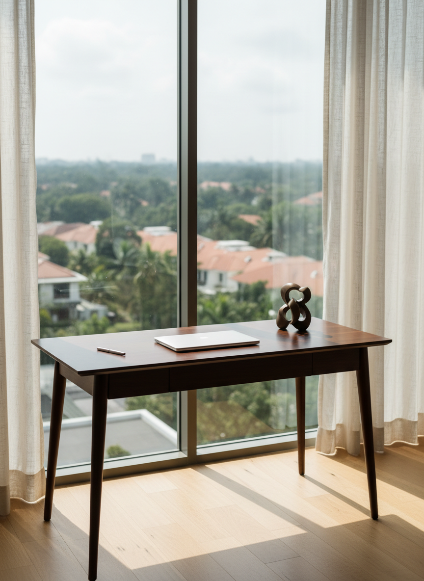 A refined Tanglin District 10 study or home office corner, designed to evoke strategic, thoughtful real estate planning. A slim, dark wood desk with tapered legs stands against a tall window overlooking abundant greenery and low-rise landed homes in soft focus. On the desk lies a closed laptop, a simple metal pen, and a small, abstract sculpture instead of any textual documents. Soft mid-morning daylight filters through linen curtains, casting gentle patterns on the floor and desk surface. Photographic realism with a slightly shallow depth of field, focusing on the desk and window. The mood is contemplative, elegant, and professional, aligning with an experienced agent’s analytical yet personal approach.