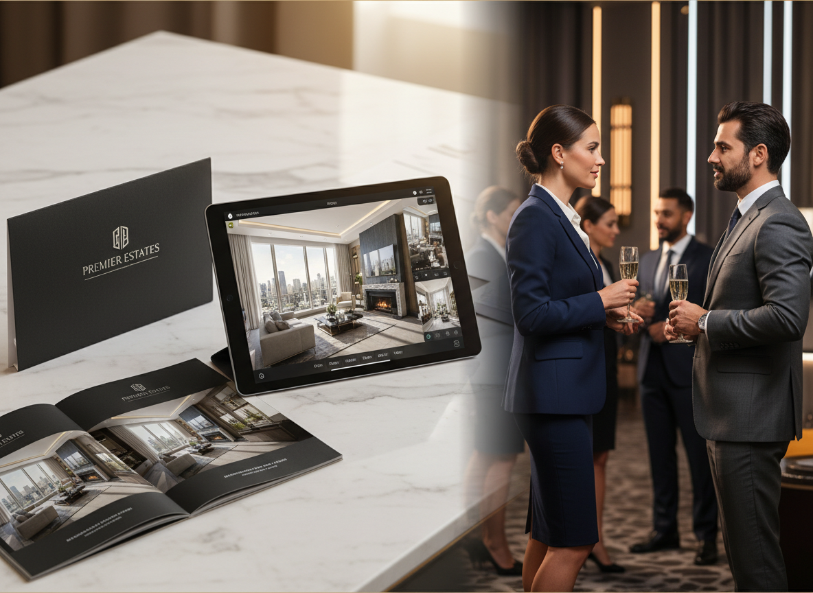 A sophisticated, professional collage-style image representing luxury real estate marketing services: a sleek direct mail piece and brochure on a marble desk, a tablet showing a stunning 360-degree virtual tour of a luxury penthouse interior, and two elegantly dressed real estate professionals networking at a high-end property event, with warm ambient lighting and a refined, premium aesthetic